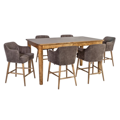 [4741617102386] Baariryhmä THOMAS pöytä + 6 tuolia, puurunko, samettiverhoilu, harmaa/ruskea