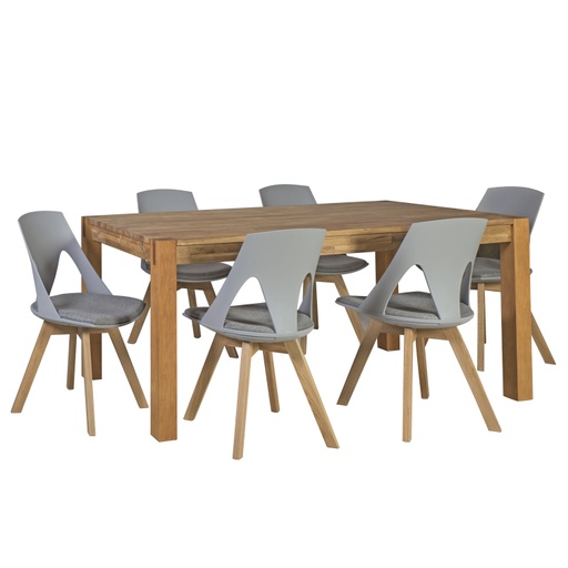 [4741617100689] Ruokailuryhmä CHICAGO NEW pöytä + 6 tuolia, viilutettu puurunko, tammijalat, vaaleanharmaa