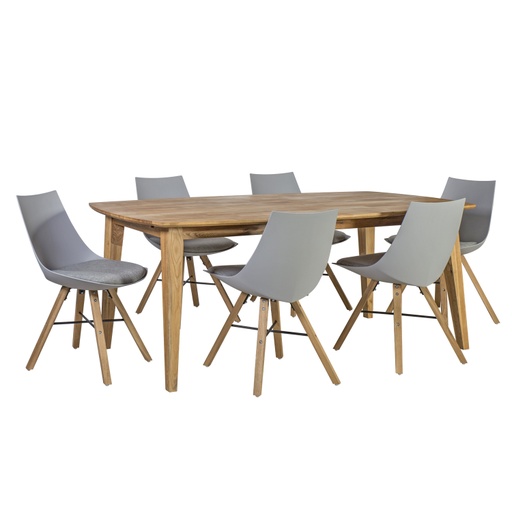 [4741617103949] Ruokailuryhmä RETRO pöytä + 6 tuolia, tammirunko, kangasverhoilu, tammijalat tuella, vaaleanharmaa
