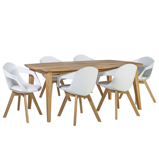 [4741617103956] Ruokailuryhmä RETRO pöytä + 6 tuolia, tammirunko, keinonahkaa, valkoinen