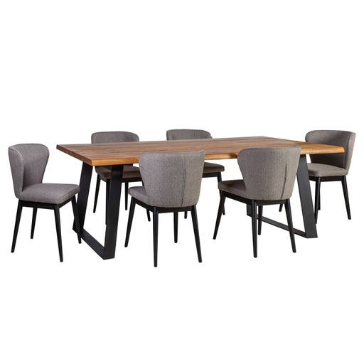 [4741617100245] Ruokailuryhmä ROTTERDAM pöytä + 6 tuolia, puuta/metallia, viilutettu, harmaa