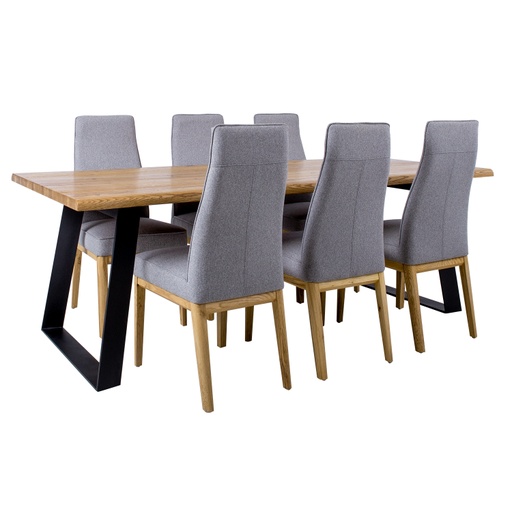 [4741617105974] Ruokailuryhmä ROTTERDAM pöytä + 6 tuolia, puuta/metallia, viilutettu, korkea selkä, harmaa