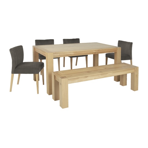 [4741617105646] Ruokailuryhmä TURIN pöytä + 4 tuolia ja penkki, tammirunko, samettiverhoilu, ruskea