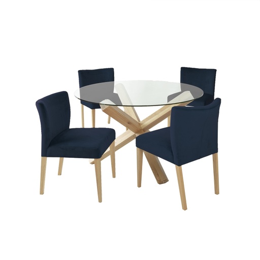 [4741617105714] Ruokailuryhmä TURIN pöytä + 4 tuolia, tammirunko, lasikansi, tummansininen