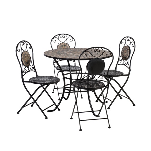 [4741617104380] Puutarharyhmä MOSAIC pöytä + 4 tuolia, metallirunko, mosaiikkilevy, kokoontaitettava, musta/kupari