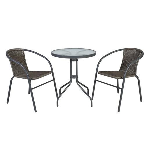 [4741617104137] Parvekesetti BISTRO pöytä + 2 tuolia, metallirunko, kirkas lainelasi, harmaa