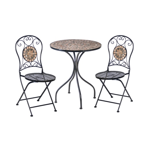 [4741617103772] Bistro-setti MOSAIC pöytä + 2 tuolia, metallirunko, mosaiikkilevy, kokoontaitettava, musta/kupari