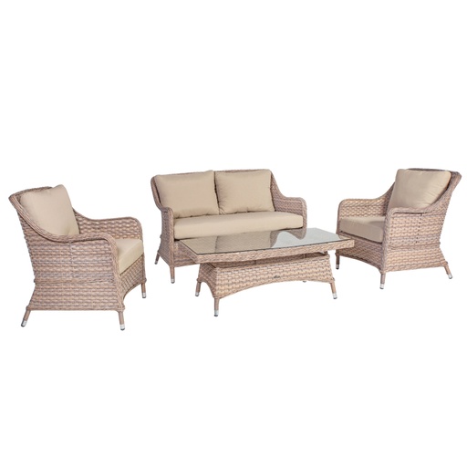 [4741243191211] Puutarharyhmä EDEN pöytä, sohva ja 2 nojatuolia, alurunko polyrottingilla, beige