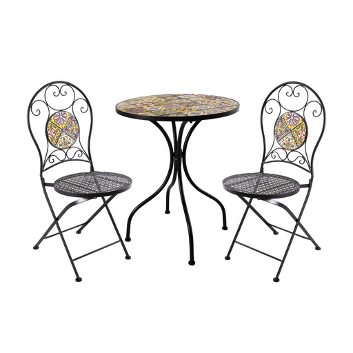 [4741617105547] Bistro-setti MOROCCO pöytä + 2 tuolia, metallirunko, mosaiikkilevy, kokoontaitettava, musta