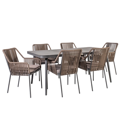 [4741617104779] Ruokailuryhmä ANDROS puutarhaan, pöytä + 6 tuolia, alurunko polyrottingilla, harmaa/taupe