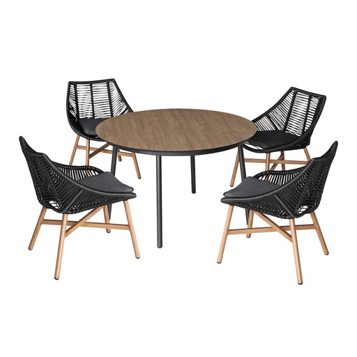 [4741617105486] Puutarharyhmä HELSINKI, pöytä + 4 tuolia, alumiinirunko muovipunoksella, tummanharmaa/ruskea