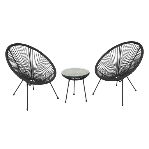 [4741243153042] Parvekesetti COMO pöytä + 2 tuolia, teräsrunko polyrottingilla, lasikansi, musta