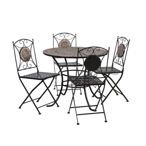 [4741617104373] Puutarharyhmä MOSAIC pöytä + 4 tuolia, metallirunko, mosaiikkilevy, kokoontaitettava, musta/kupari