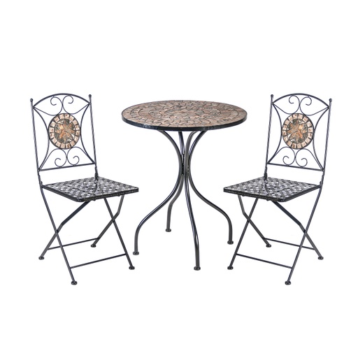 [4741617103833] Bistro-setti MOSAIC pöytä + 2 tuolia, metallirunko, mosaiikkilevy, kokoontaitettava, musta/kupari