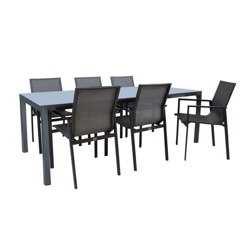 [4741617106124] Ruokailuryhmä AMALFI puutarhaan  pöytä + 6 tuolia, alurunko textilinella, harmaa