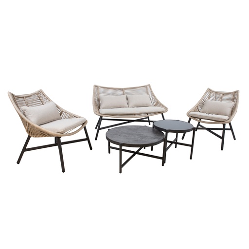 [4741243205352] Puutarharyhmä HELSINKI sohva + 2 tuolia + 2 pöytää, alurunko, kangasverhoilu, beige/musta