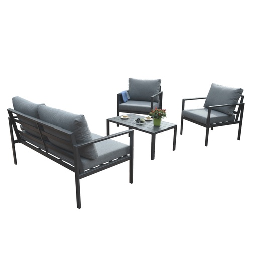 [4741243211858] Puutarharyhmä ADRIO sohva + 2 tuolia + pöytä, alurunko, kangasverhoilu, harmaa/musta