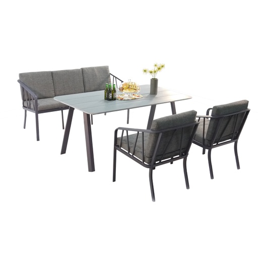 [4741243211865] Puutarharyhmä KAHLA sohva + 2 tuolia + pöytä, alurunko, polywood-kansi, olefin-verhoilu, harmaa