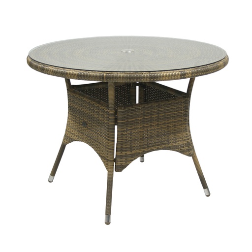 [4741243133228] Puutarhapöytä WICKER pyöreä 100cm, alurunko polyrottingilla, pöytälevy lasia, cappuccino