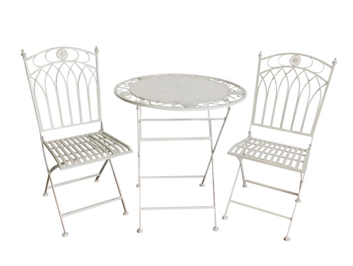 [6417783155164] Chic Garden Metallinen Bistro-setti 2, pöytä + 2 tuolia, kokoontaittuva, valkoinen