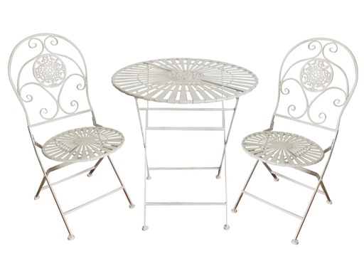 Chic Garden Metallinen Bistro-setti 1, pöytä + 2 tuolia, kokoontaittuva, valkoinen
