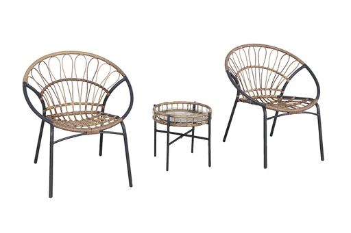 [6417783155850] Chic Garden Venetsia Parvekeryhmä, pöytä + 2 nojatuolia, teräsrunko polyrottingilla, lasikansi, beige/grafiitti