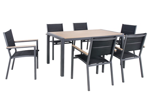 Chic Garden Firenze Ruokailuryhmä, pöytä + 6 tuolia käsinojilla, alurunko polywood-lankuilla, musta/beige