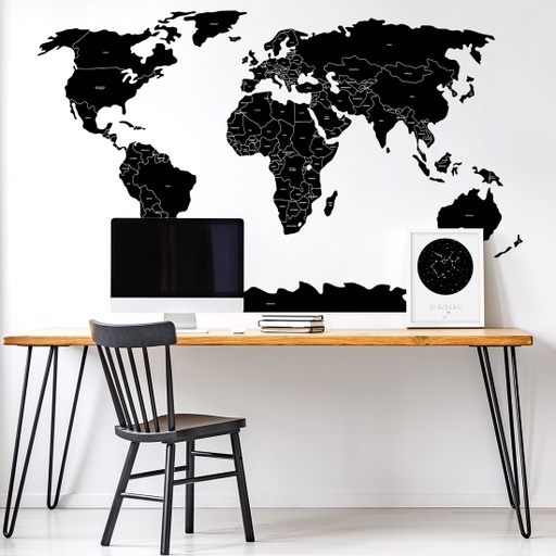 Pastelowe Maailmankartta valtiot -sisustustarra englanniksi, musta L 175x110cm
