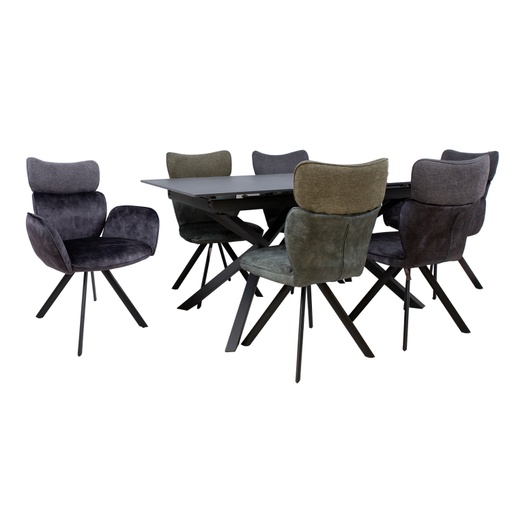 [4741617106971] Ruokailuryhmä EDDY pöytä + 6 tuolia, metallijalat, kivikansi, samettiverhoilu, jatkopalalla, musta/tummanharmaa