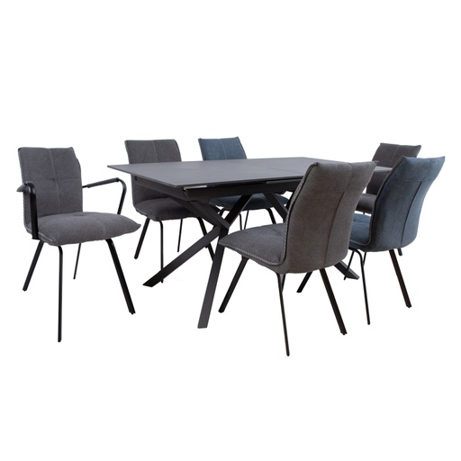 [4741617107008] Ruokailuryhmä EDDY pöytä + 6 tuolia, metallijalat, kivikansi, kangasverhoilu, jatkopalalla, musta/harmaa