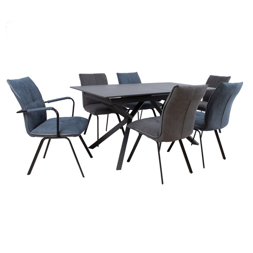 [4741617107015] Ruokailuryhmä EDDY pöytä + 6 tuolia, metallijalat, kivikansi, kangasverhoilu, jatkopalalla, musta/sininen