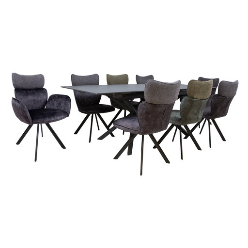 [4741617106995] Ruokailuryhmä EDDY pöytä + 8 tuolia, metallijalat, kivikansi, samettiverhoilu, jatkopalalla, musta/tummanharmaa