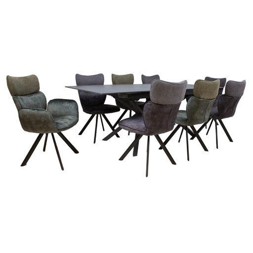 [4741617106988] Ruokailuryhmä EDDY pöytä + 8 tuolia, metallijalat, kivikansi, samettiverhoilu, jatkopalalla, musta/tummanvihreä