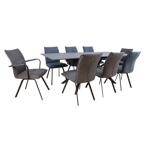 [4741617107022] Ruokailuryhmä EDDY pöytä + 8 tuolia, metallijalat, kivikansi, kangasverhoilu, jatkopalalla, musta/harmaa