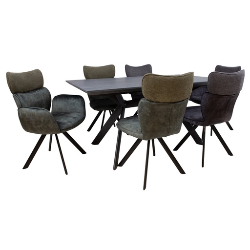 [4741617107046] Ruokailuryhmä EDDY-2 pöytä + 6 tuolia, metallijalat, melamiinikansi, samettiverhoilu, jatkopalalla, musta/tummanvihreä