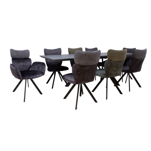 [4741617107077] Ruokailuryhmä EDDY-2 pöytä + 8 tuolia, metallijalat, melamiinikansi, samettiverhoilu, jatkopalalla, musta/tummanharmaa