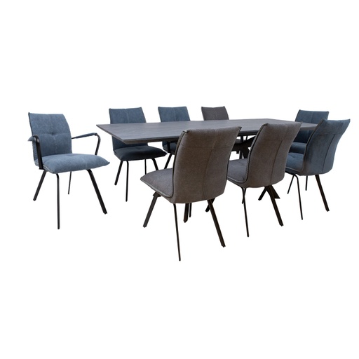 [4741617107114] Ruokailuryhmä EDDY-2 pöytä + 8 tuolia, metallijalat, melamiinikansi, kangasverhoilu, jatkopalalla, musta/sininen