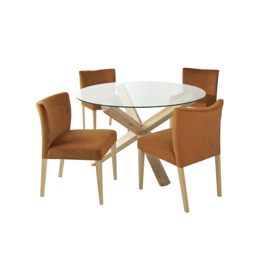 [4741617105707] Ruokailuryhmä TURIN pöytä + 4 tuolia, tammijalat, lasikansi, samettiverhoilu, ruskea/oranssi