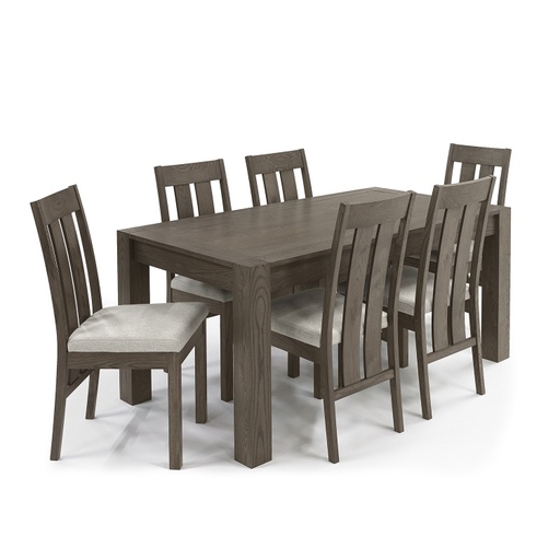 [4741617100313] Ruokailuryhmä TURIN pöytä + 6 tuolia, tammirunko, kangasverhoilu, jatkopalalla, tummanruskea/vaaleanbeige