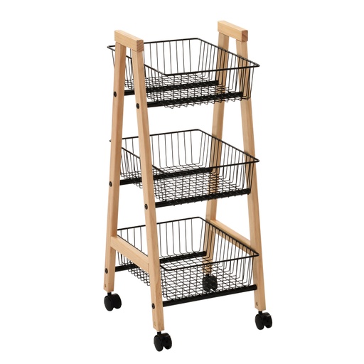 [4741243764460] Hyllykkö BREN ”suippo” 3 korilla, renkailla, puuta/terästä, beige/musta