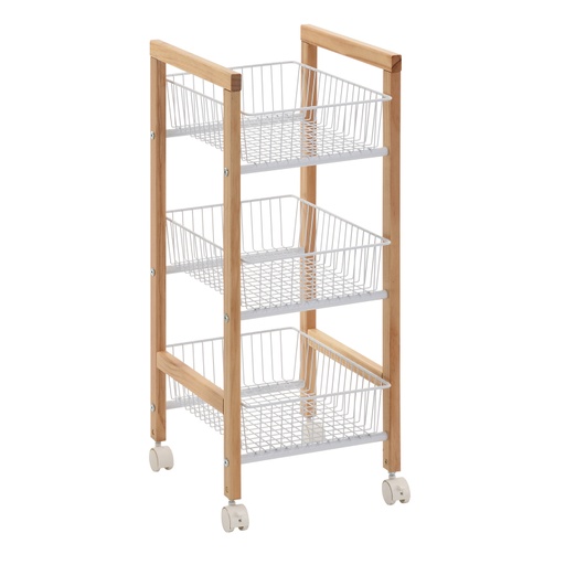 [4741243764453] Hyllykkö BREN ”suora” 3 korilla, renkailla, puuta/terästä, beige/valkoinen