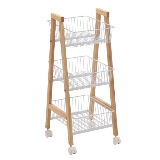 [4741243764477] Hyllykkö BREN ”suippo” 3 korilla, renkailla, puuta/terästä, beige/valkoinen