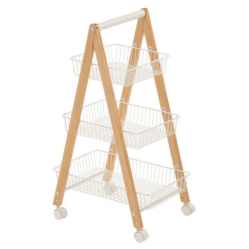 [4741243764491] Hyllykkö BREN ”kolmio” 3 korilla, renkailla, puuta/terästä, beige/valkoinen