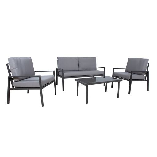 [4741243193413] Chic Garden Torino Sohvaryhmä, sohva, 2 nojatuolia + pöytä, teräsrunko, lasikansi, musta/harmaa